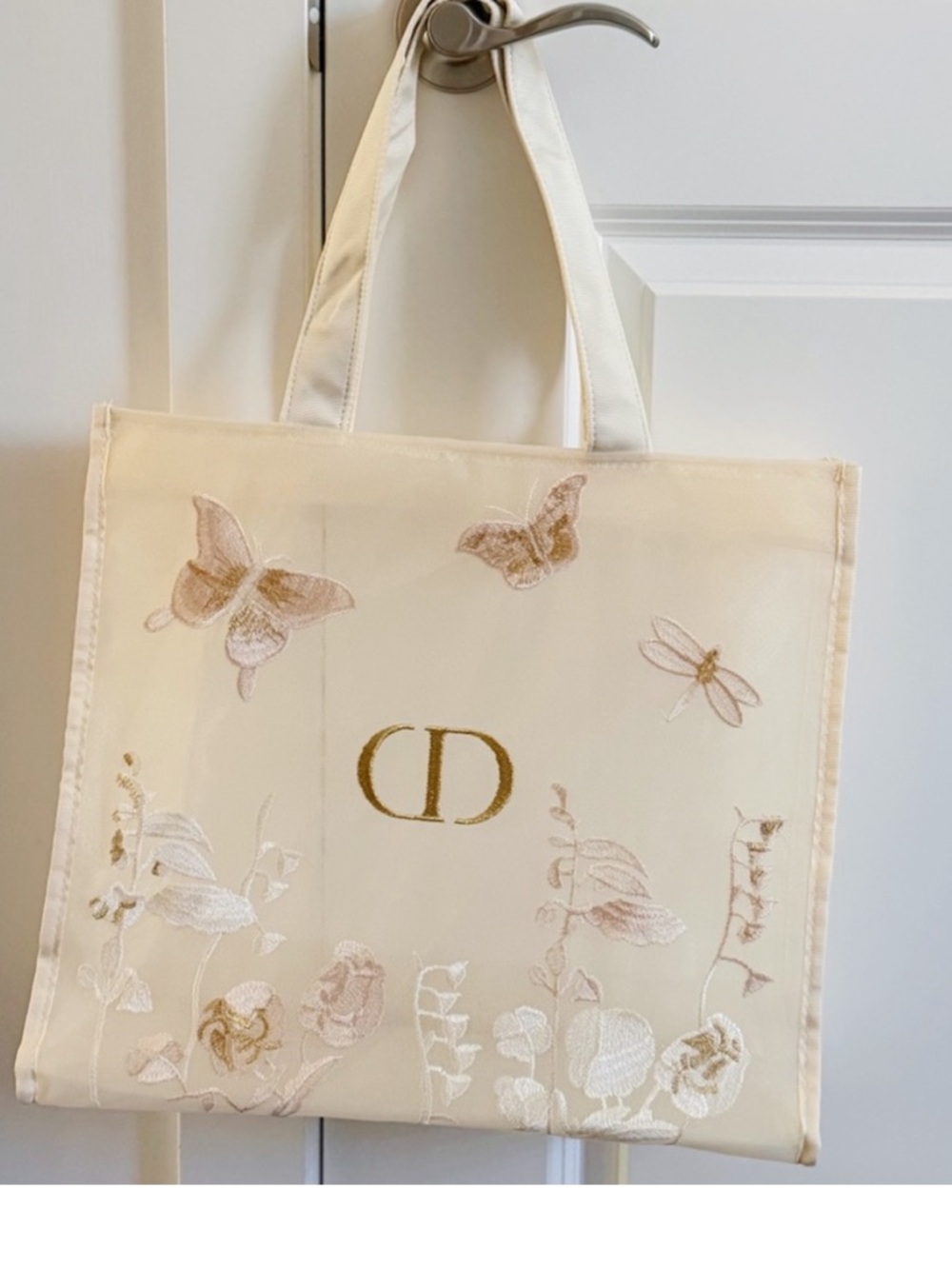 NEW Dior Floral Embroidered Tote Bag Cream & Gold